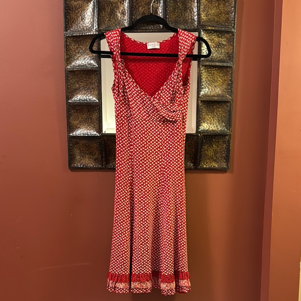 Red Patterned Dress stretchy with back threads to tug waist